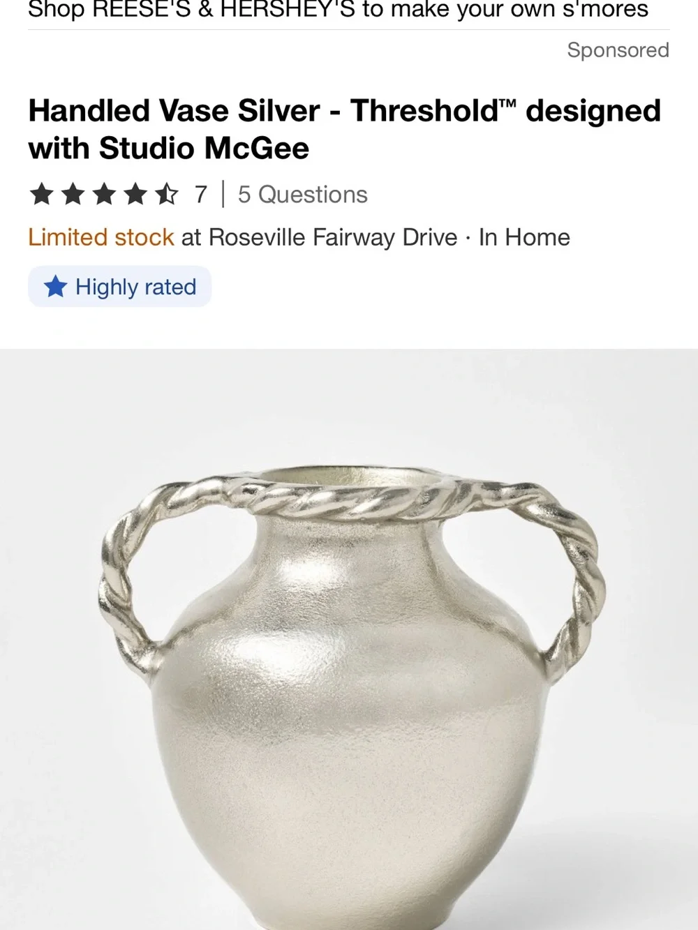 NWT Handled Vase Silver - Threshold designed with Studio McGee